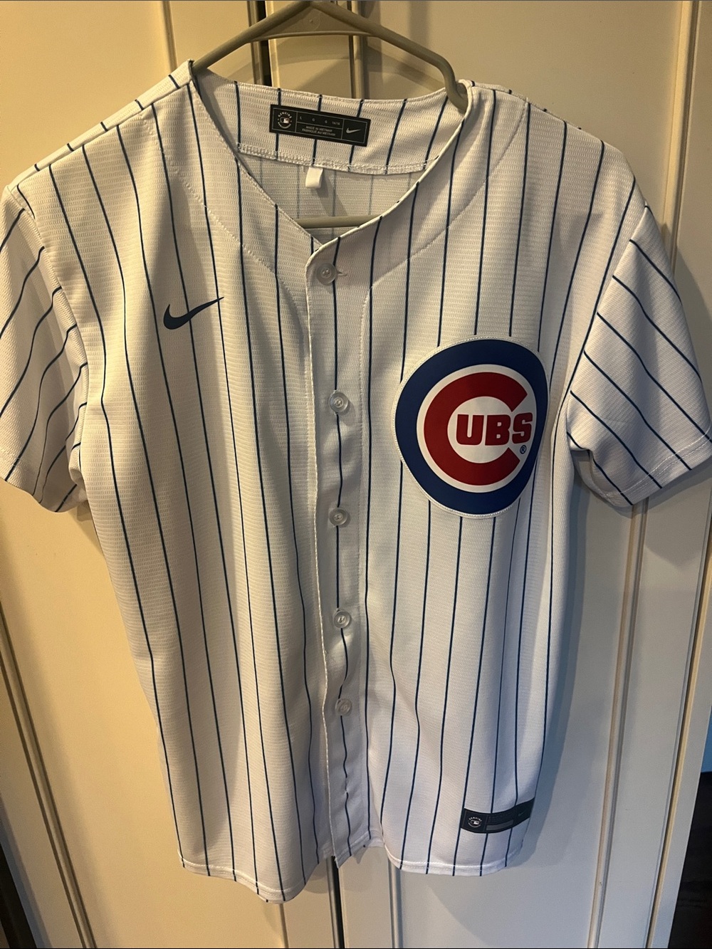 Nike Kids Chicago Cubs White Pinstripe Jersey with Blue and Red Logo